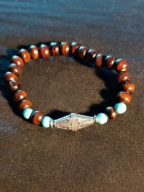 Wood Bead Bracelet with Turquoise Accents